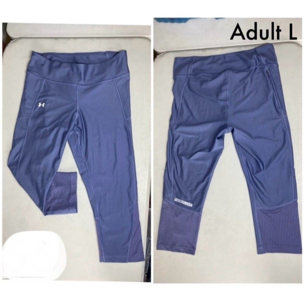 Under Armour Womens Cropped Leggings Size L Blue Purple Mesh Logo Activewear